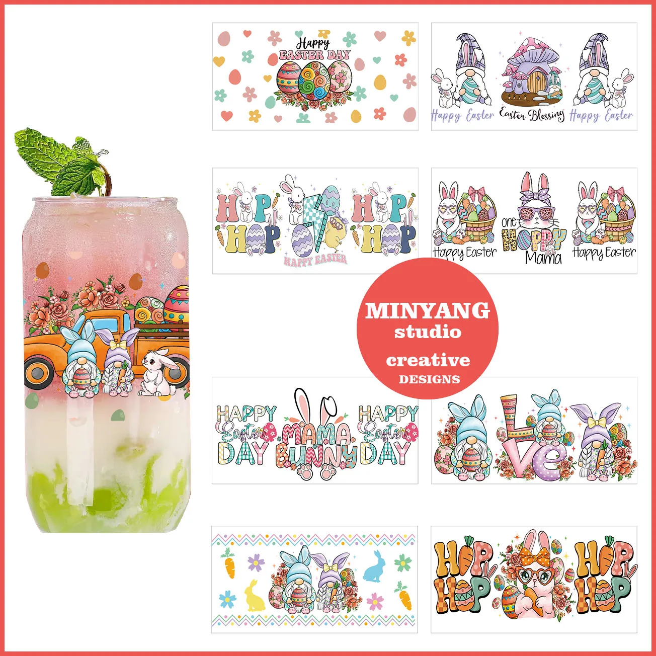 

Easter Bunny easy peel waterproof DIY Decals 3D transfers uvdtf crystal stickers 16oz uv dtf cup wraps for Libbey Glasses