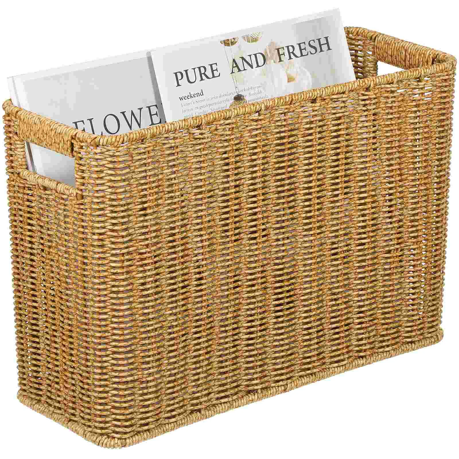 

Rattan Storage Basket Woven Magazine Bin Decorative Home Supplies Large Space Hollow Handles Shallow Coffee Color A Style