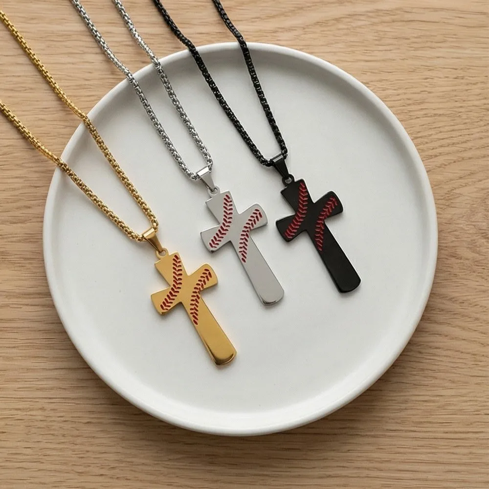 Baseball Pattern Scripture Cross Pendant Necklace For Men Women Gold Color Stainless Steel Neck Chain Fashion Jewelry Punk Rock