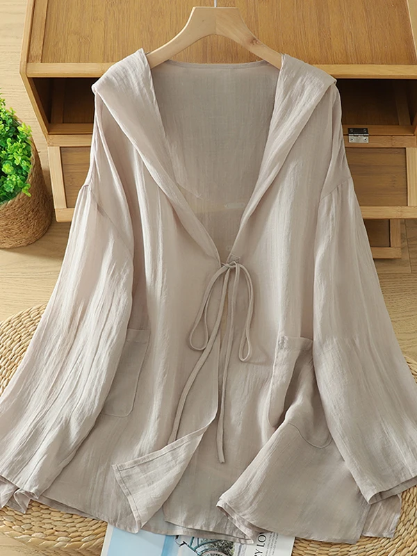 القطن الكتان خفيفة الوزن شعور رائع مقنعين تصميم مربوط irt Jaet بالإضافة إلى حجم المرأة فضفاضة الحماية من الشمس رداء علوي غير رسمي... #4