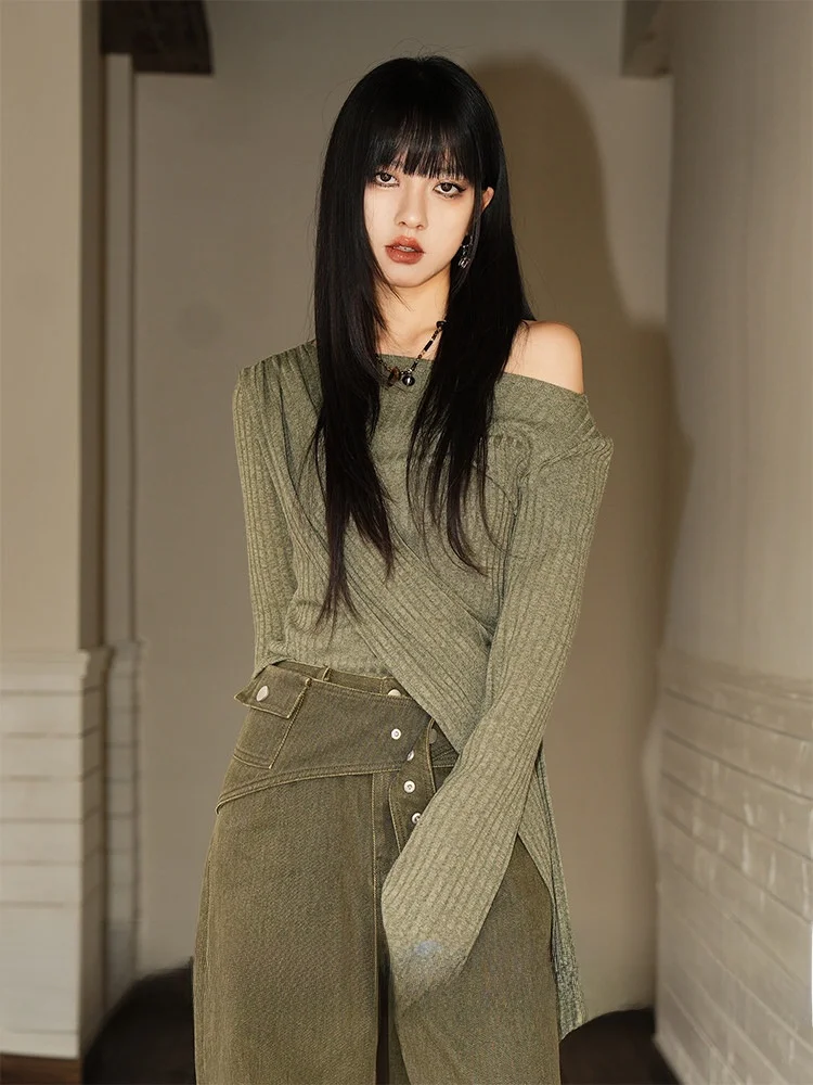 

Retro Irregular Design oulder Bared Knitted Sweater Women's Slim Fit Long Sve Base Top Faion Spring Polyester Spandex