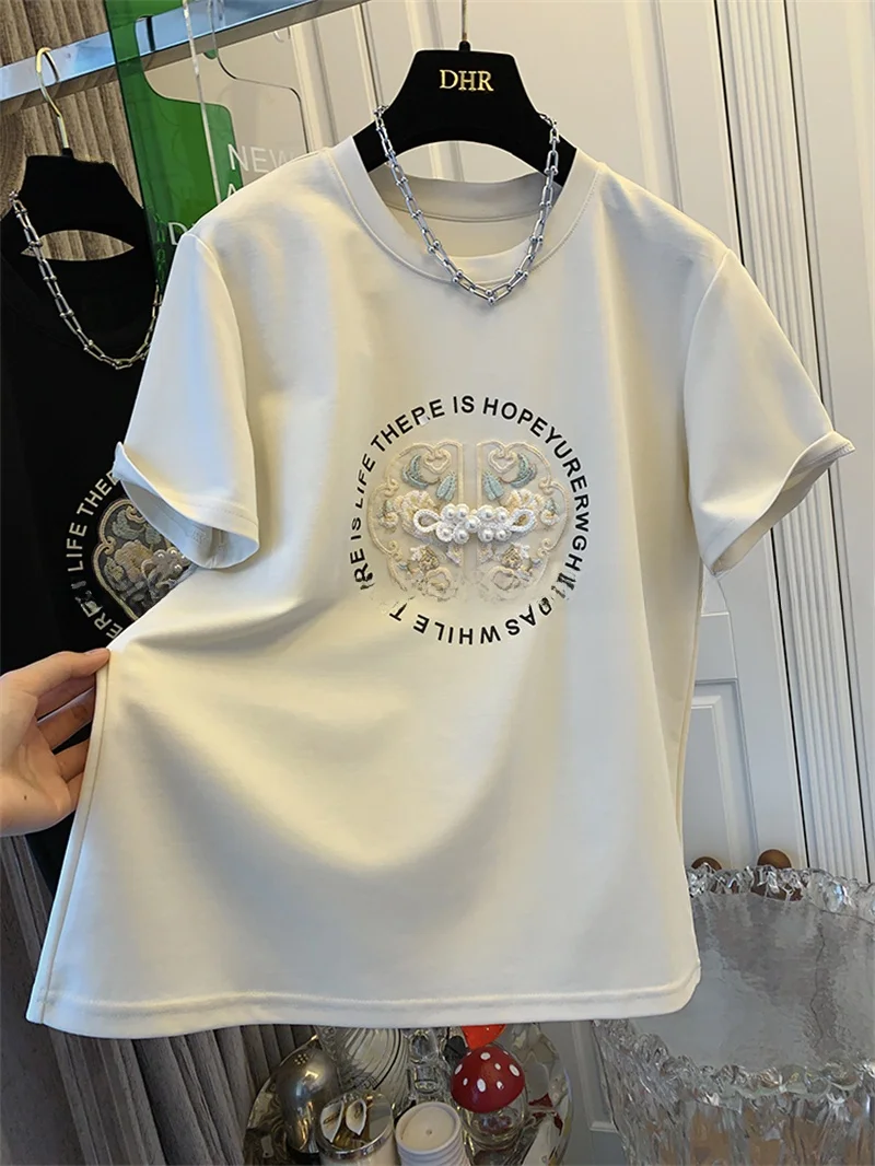 

New Chinese Style Embroidered Pearl Short Sleeve T-Shirt Women's Innerwear Outerwear Cotton Blend Summer New Arrival