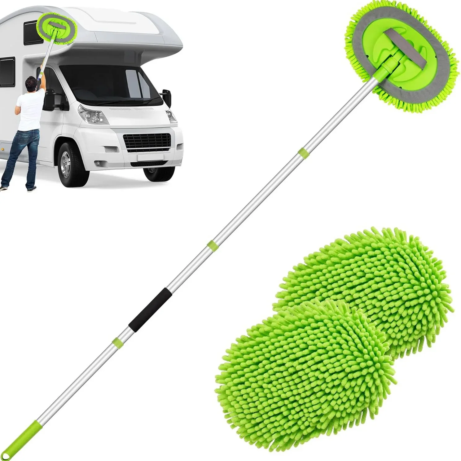 62 Inch Telescopic Car Wash Brush, 2‑in‑1 Cleaning Mop with 2 Replacement Brush Heads for Car RV Truck Camper Washing