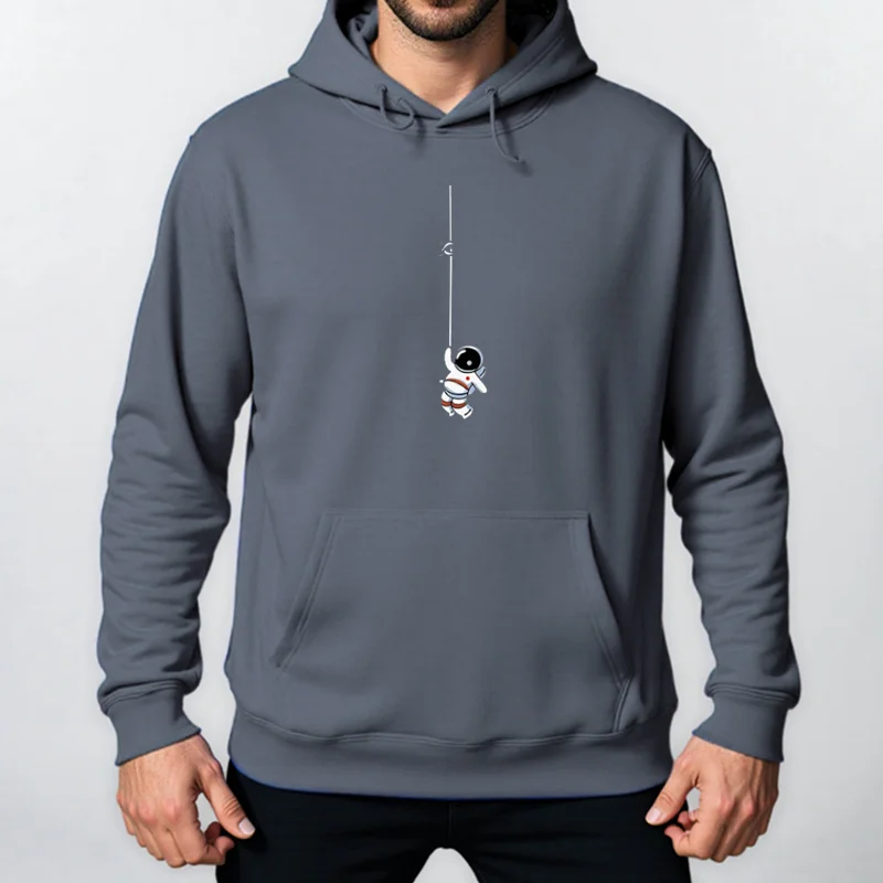 2025 New Autumn Winter Fashion Astronaut Print Hoodie Loose Tops Solid Colour Hooded Polyester Men'S Sweatshirt Simple Casual