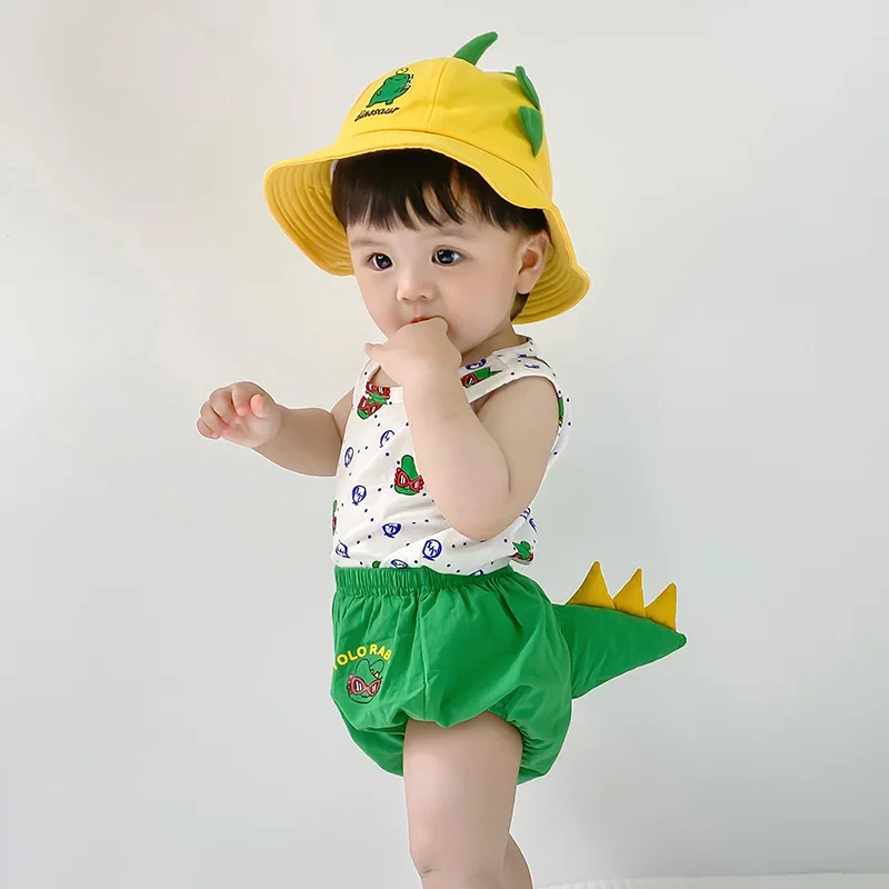 2023 Summer Baby Suit Girls Boy Baby Children Cartoon Animal Tiger Tail Sleeveless Overall Pants Short Sets Child Costume