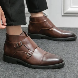Luxury Leather Men Boots Double Buckle Slip on Pointed Toes Casual Leather Boots Men Comfortable High Top Boots Party Mes Shoes