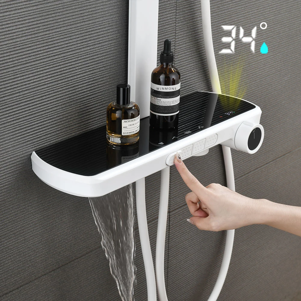 White Waterfall Shower System Bathroom Intelligent Temperature Display Rainfall Shower Faucet Bathtub 4 Way Mixer Tap Shower Set