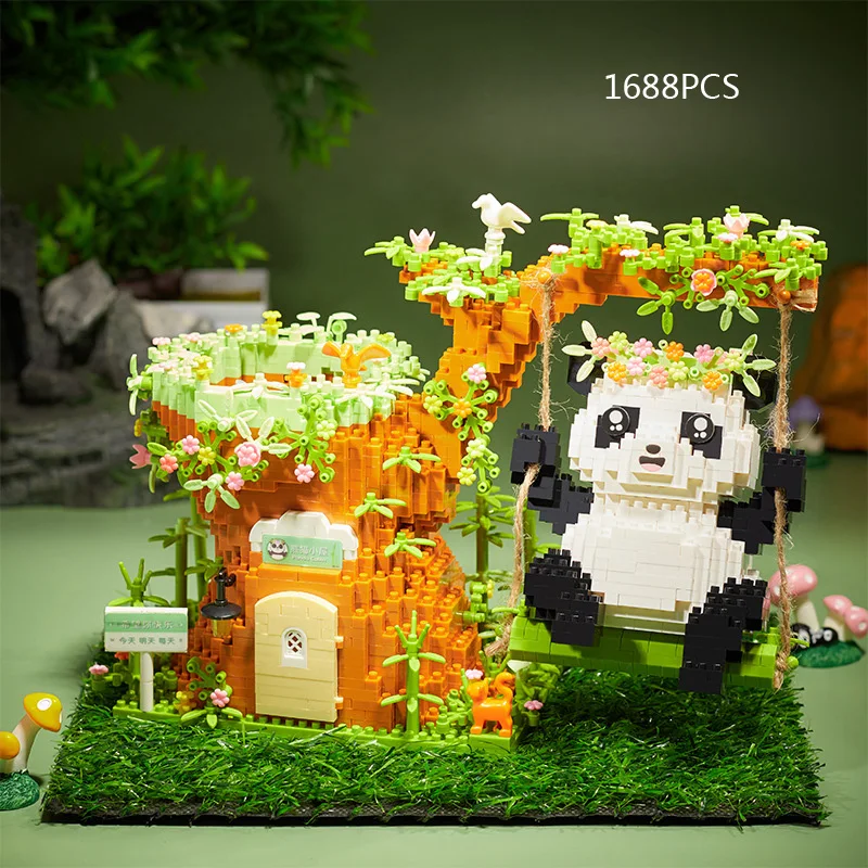 Creative Tree Hole House Nanobricks Panda Swing Micro Diamond Block Pen Container Building Bricks Educational Toys For Gifts