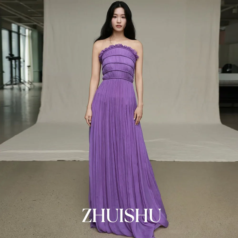 

ZHUISHU Purple Korean Evening Dresses Strapless Pleated A Line Customized Wedding Snap Dress for Bride Wedding Reception Dress