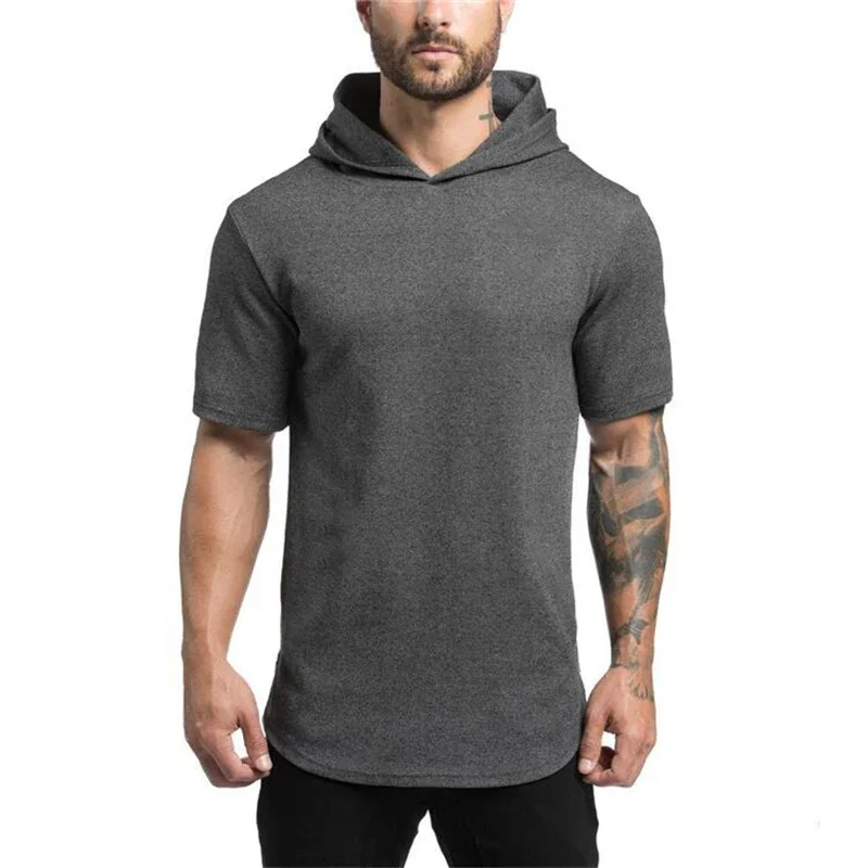 New Gym Fitness Bodybuilding Sport Hoodie Mens Slim Fit Solid Color Hooded T-Shirt Cotton Breathable Short Sleeve Muscle Shirt