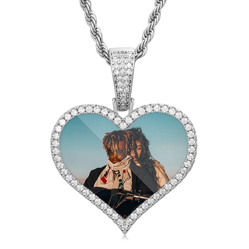 Hiphop Custom Photo Heart Pendant Necklace for Women Men 18k Gold Plated Customized Picture Charm Necklaces Rope Chain 24in