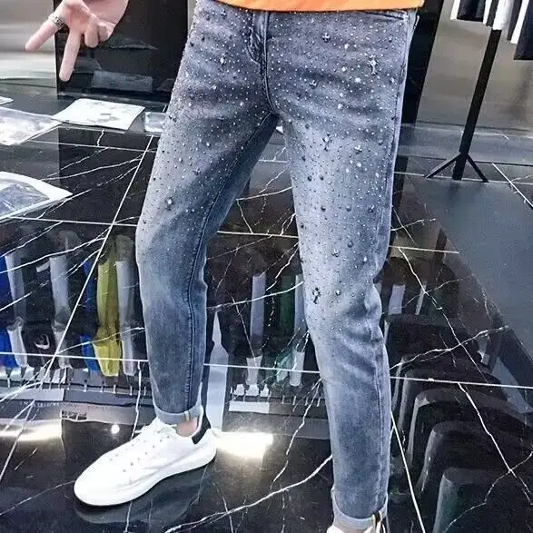 Spring Autumn 2025 High Quality Rhinestone Luxury Clothing Jeans Men's Brand Streetwear Slim Pants Youth Fashion Cowboy Trousers