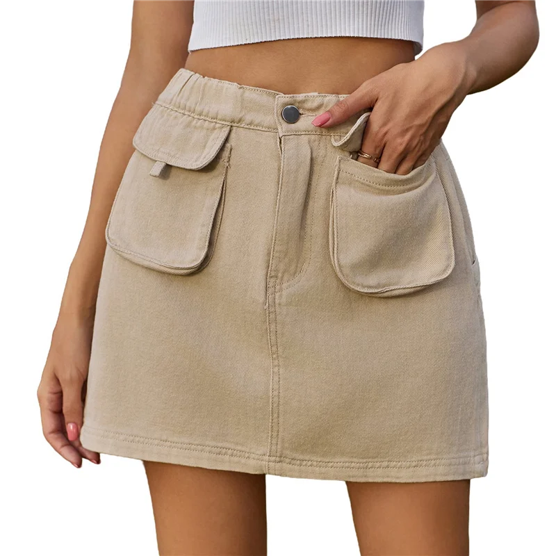 A09P Faldas para mujer Moda Y2k Cargo Denim Mini falda Pantalones cortos vaqueros elásticos de talle alto