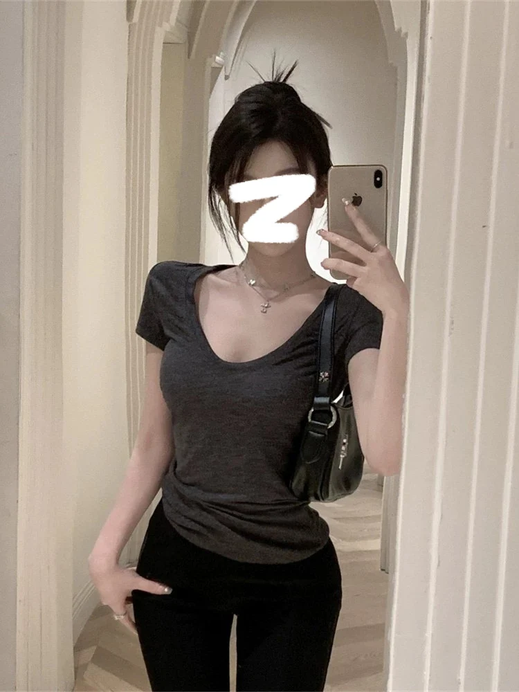 Sexy Minimalist Grey Low Cut Short Sleeve U-Neck T-Shirt Women's Slimming Summer Fashion Korean Sle Polyester Blend Shirt