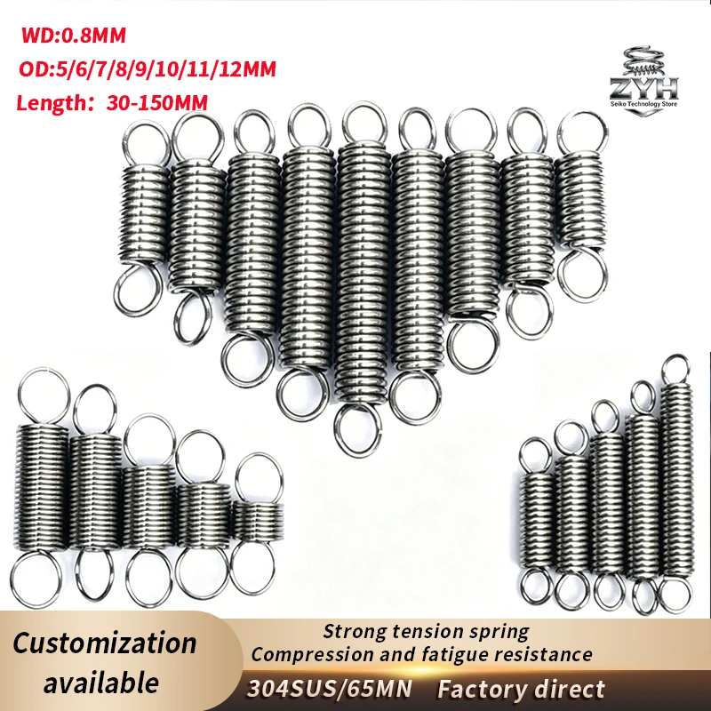 

2pcs closed end tension spring anti fatigue 304SUS/65MN WD0.8mm, OD 5-12mm, Length 30-150mm durable tension spring