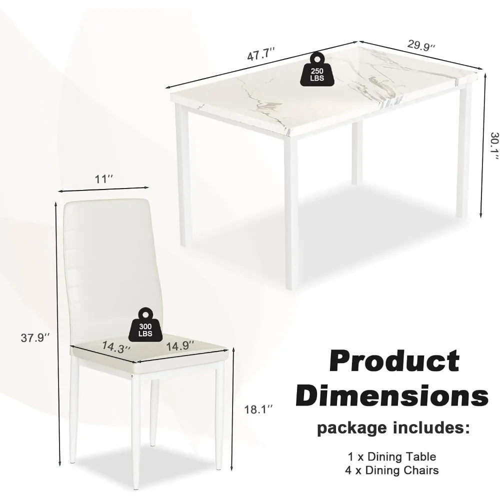 Juego de mesa de comedor y sillas de mármol para 4, cómodas sillas de cuero PU, sala de estar, espacio pequeño