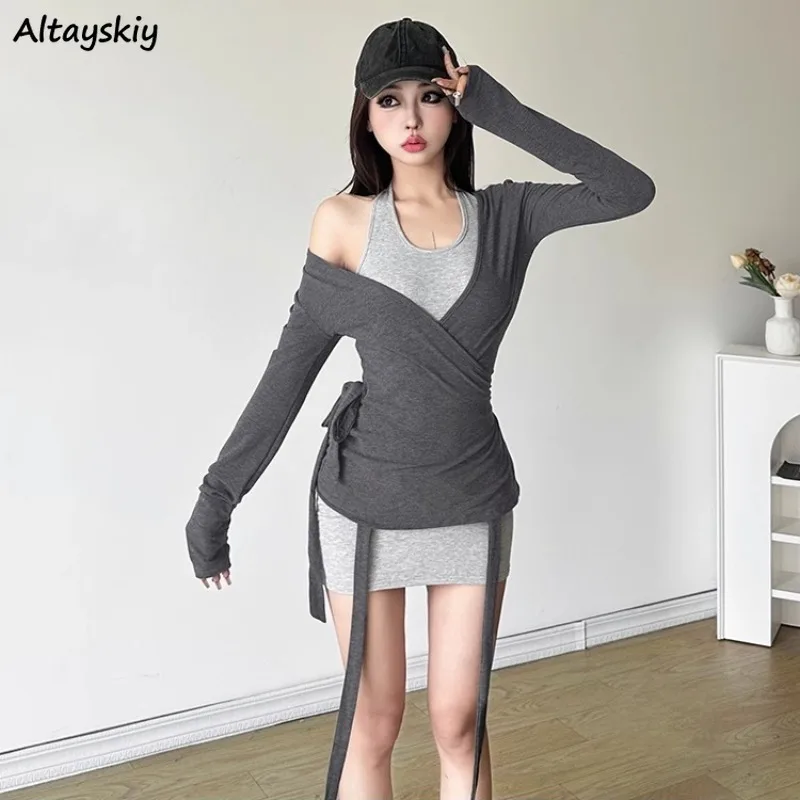 

Sets Women Halter Sleeveless Dress Long Sleeve Lace-up Cardigans Solid Simple All-match Korean Style Slimming Streetwear Autumn