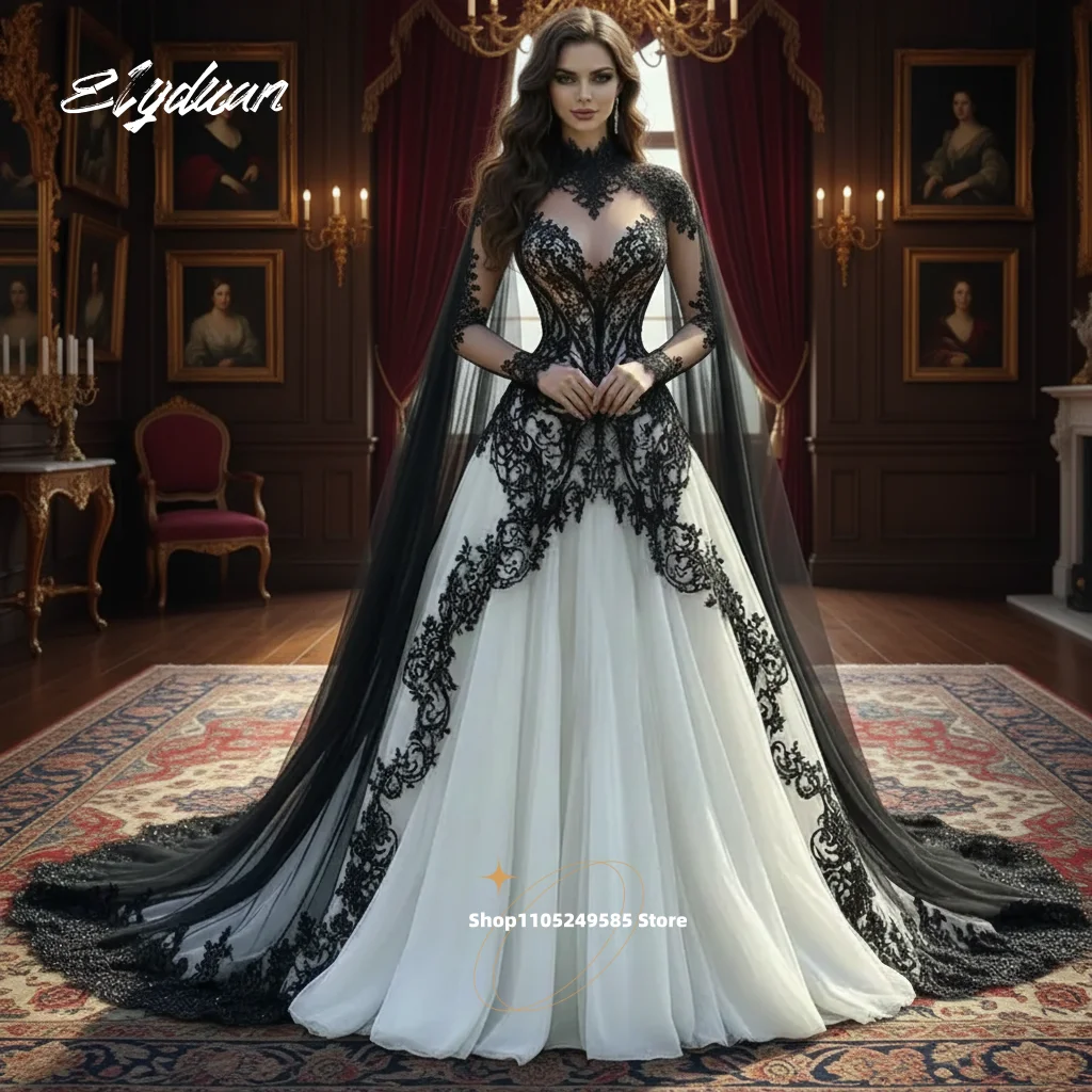 Vampir-Gothic-Hochzeitskleid in Schwarz und Burgunderrot mit weißen Spitzenapplikationen, hohem Kragen, A-Linie, langen Ärmeln, Brautkleider nach Maß