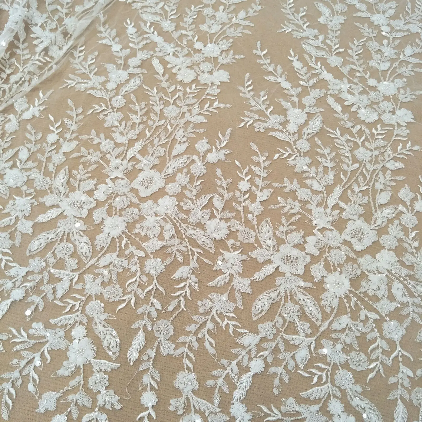 Fashion beading gown dress lace fabric 130cm width bridal lace applique sell by yard
