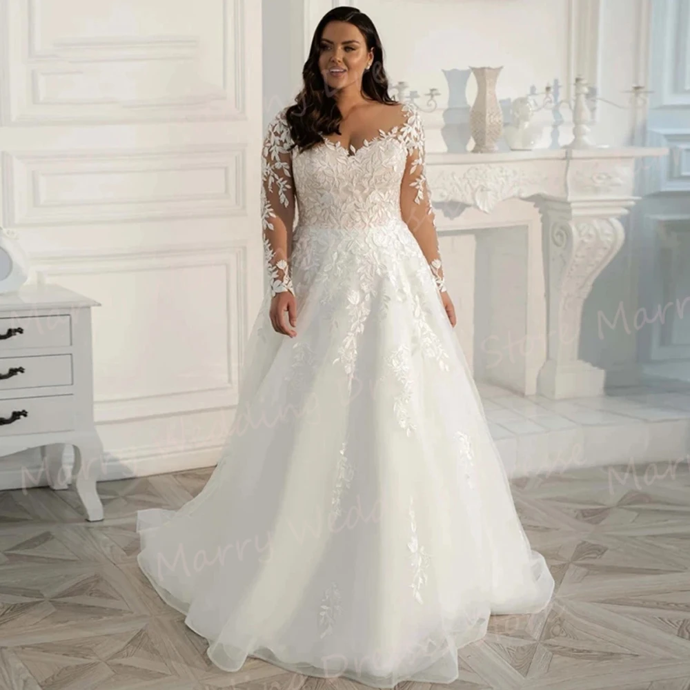 

Modern Exquisite A Line Women's Wedding Dresses Generous Lace Appliques Bride Gowns Classic Long Sleeve Button Abiti Da Sposa