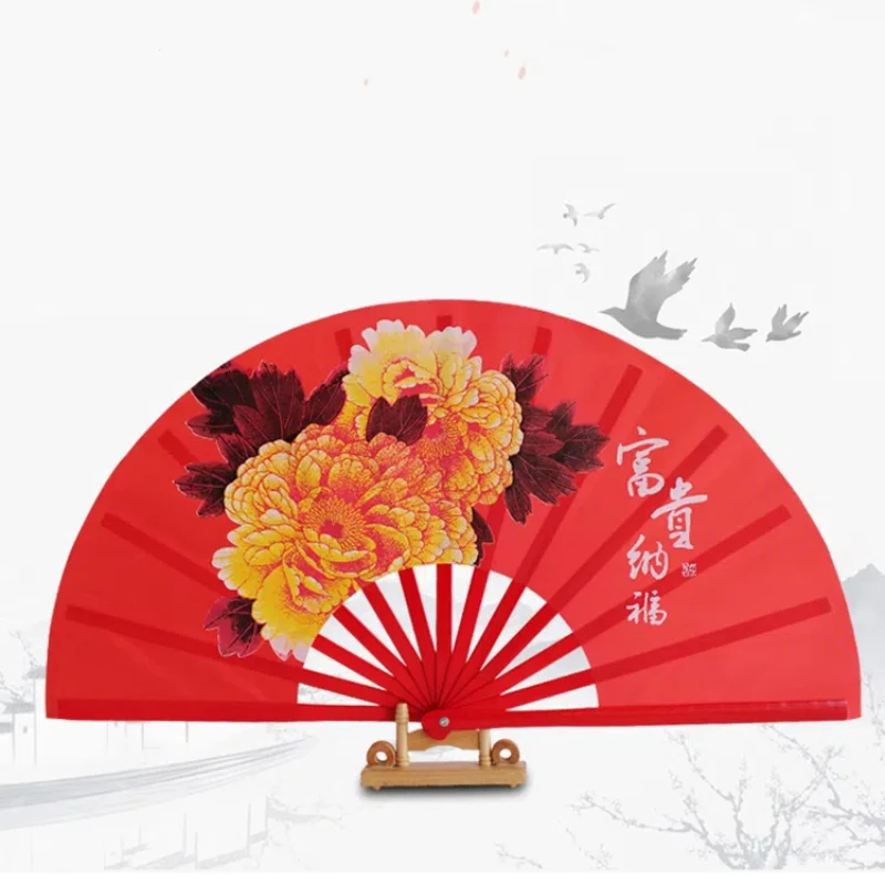 Chinese Style Red Tai Chi Ring Fan Classical Peony Wealth Fortune Black Martial Arts Fan Performance Kung Fu Dance Fan