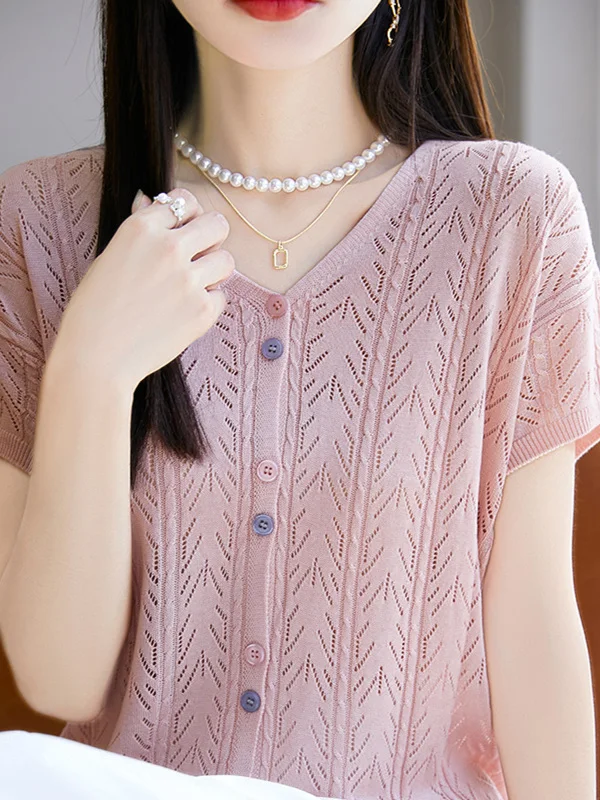 Korean Style Simple V-Neck Hollow out Ice Silk Knitted Cardigan Slimming Versatile Small Fragrance Style T-Shirt Summer Wear