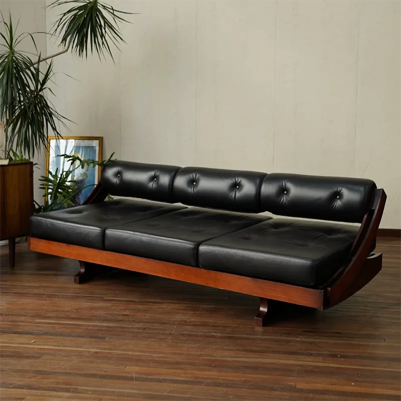 Classic vintage-style genuine leather recliner Gianni Songia tufted sofa mid-century design art multi-seat roller black sofa