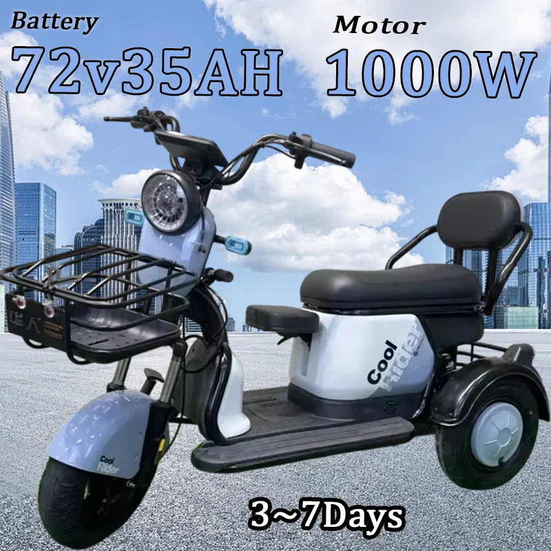 Electric Tricycle Adult Parent-child urban travel convenient 3 wheeled Electric 1000W Powerful Motor 72V35AH Electric E-trike