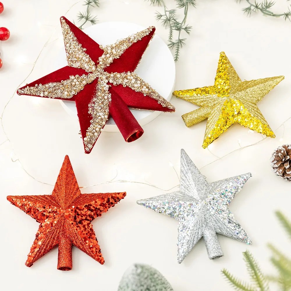 

New 14cm Christmas Tree Star Plastic Flocking Xmas Tree Topper Solid Color Shiny Surface Five-Pointed Star Decor Party Decor