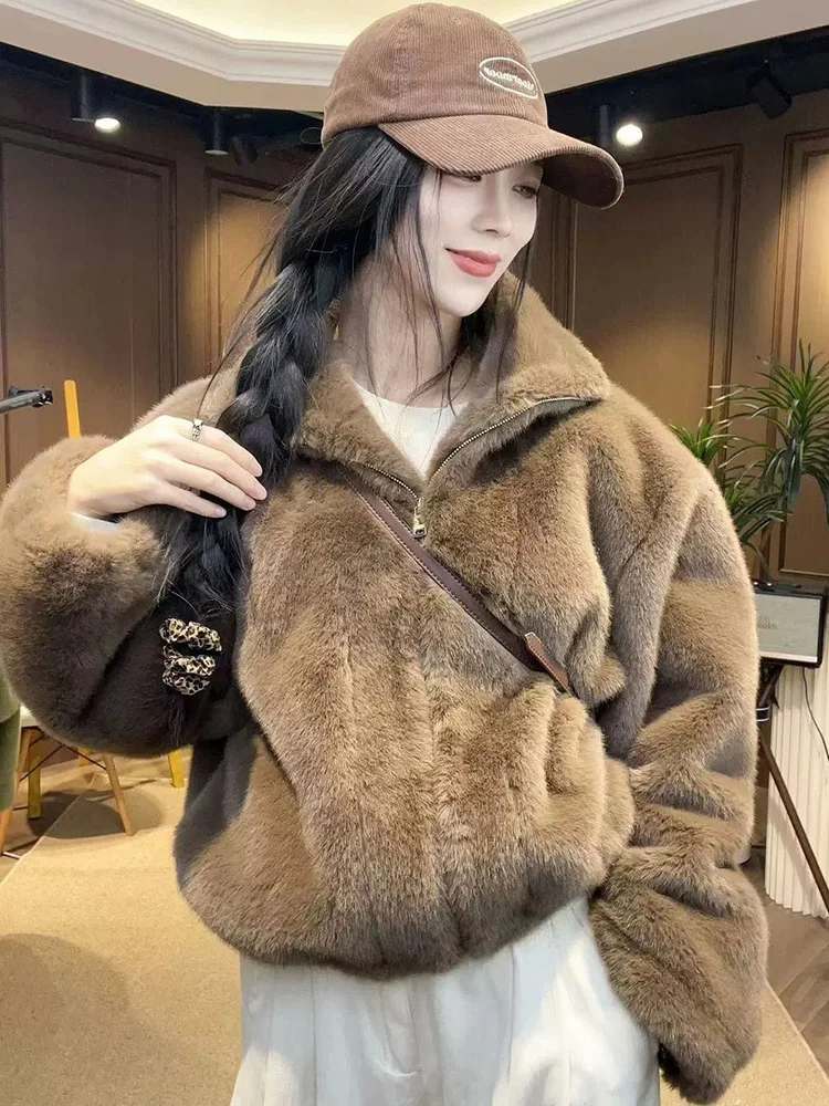 Elegant Faux Fox Zipper Coat Women Vintage Winter Warm Stand Collar Jacket Korean Casual Long Sleeve Female Cute Sweet Outwear