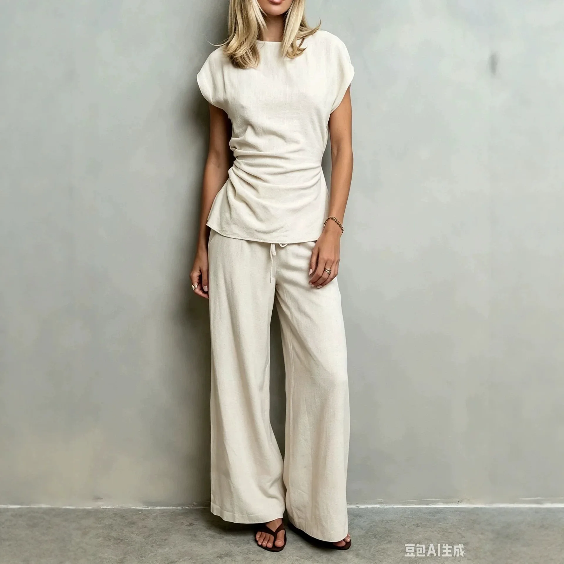 2026 New Summer Women's Pants Set Solid Color With Wrinkles Casual Loose Fashion Comfortable Simple Daily And Commuter Pants Set