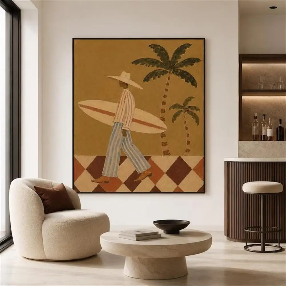 Vintage Surfer Tropical Palm Tree Canvas Wall Art Boho Retro Surf Figure Painting Wall Decor for Living Room Home Decoration
