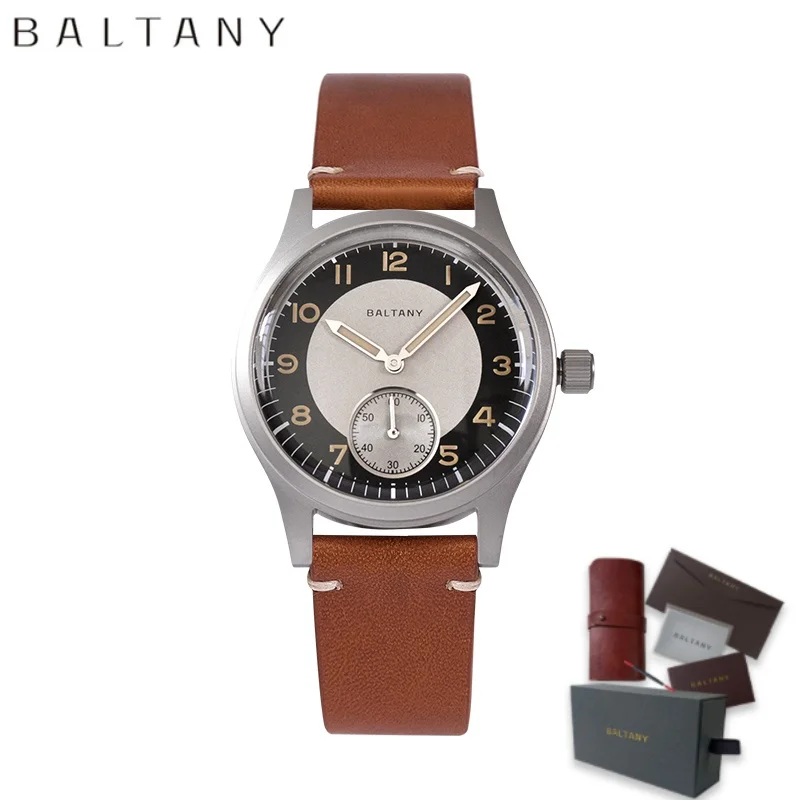 Baltany Tuxedo Retro Men's Watch Quartz 36mm Sub Second Mini 1960s Popular Dress Stainless Steel Leather Strap Luminous Watches