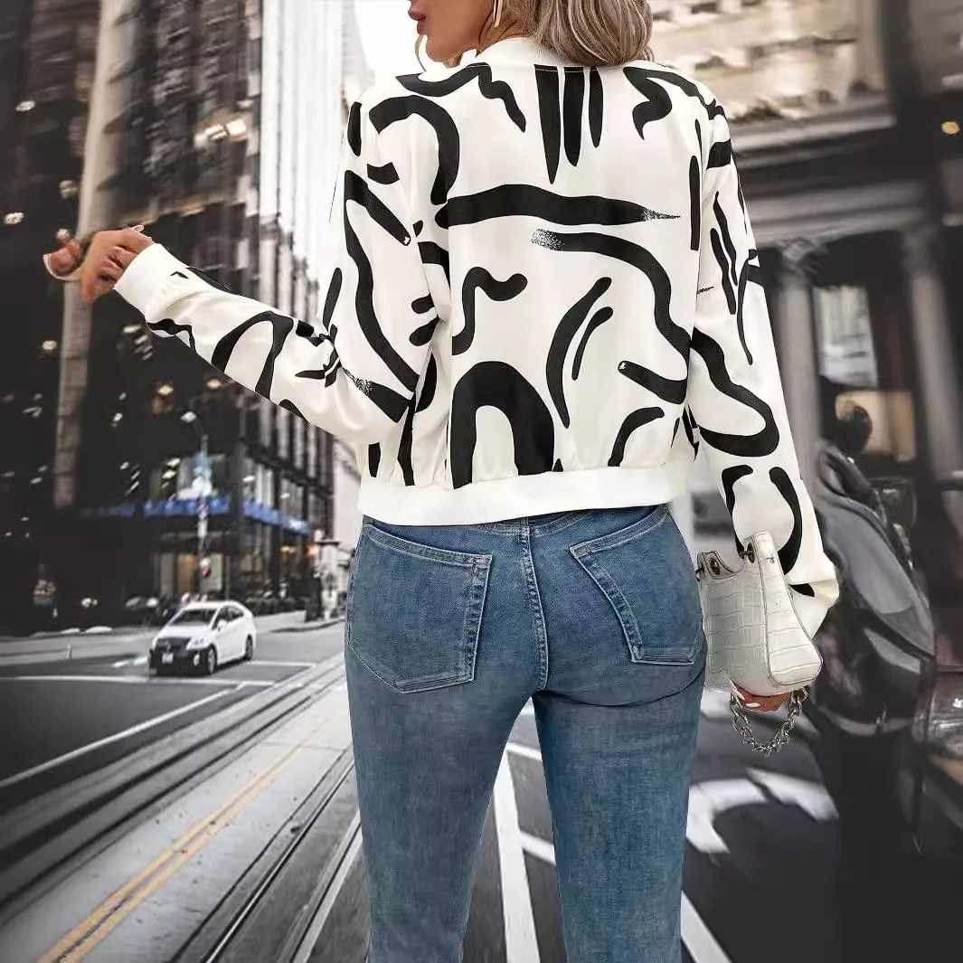 Women's Clthing Fashionable Baseball Uniform Coat 2024 New Simple Retro Winter Long Coat Woman Casual Print Zipper Short Jacket