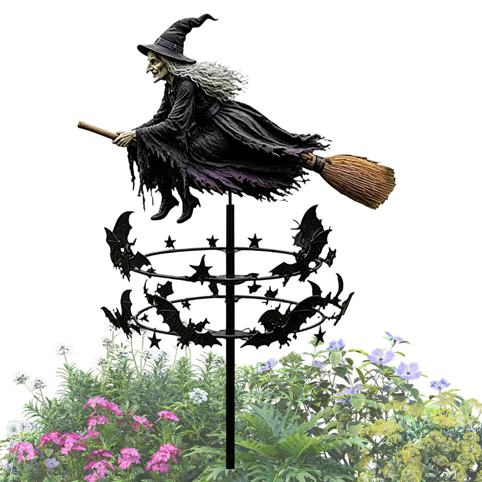 Witch On Broom Garden Wind Spinner Stake Metal Wind Rotators Yard Outdoor Halloween Decor Anti-rust Hand-painted Metal Ornament