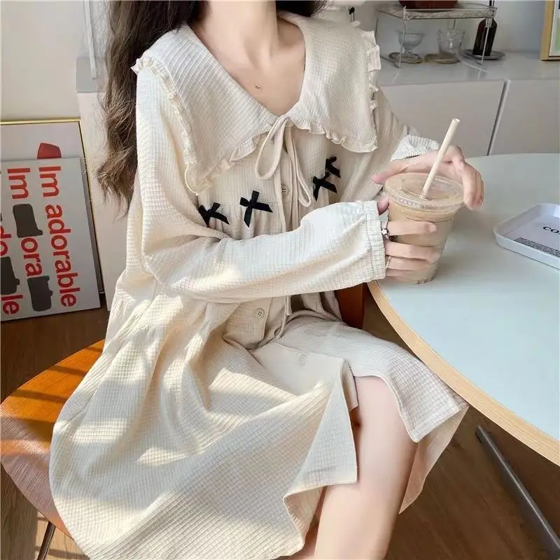 Sweet new spring autumn pajamas women cute bows high-looking long-sleeved nightgown home clothes can be worn outside aesthetic