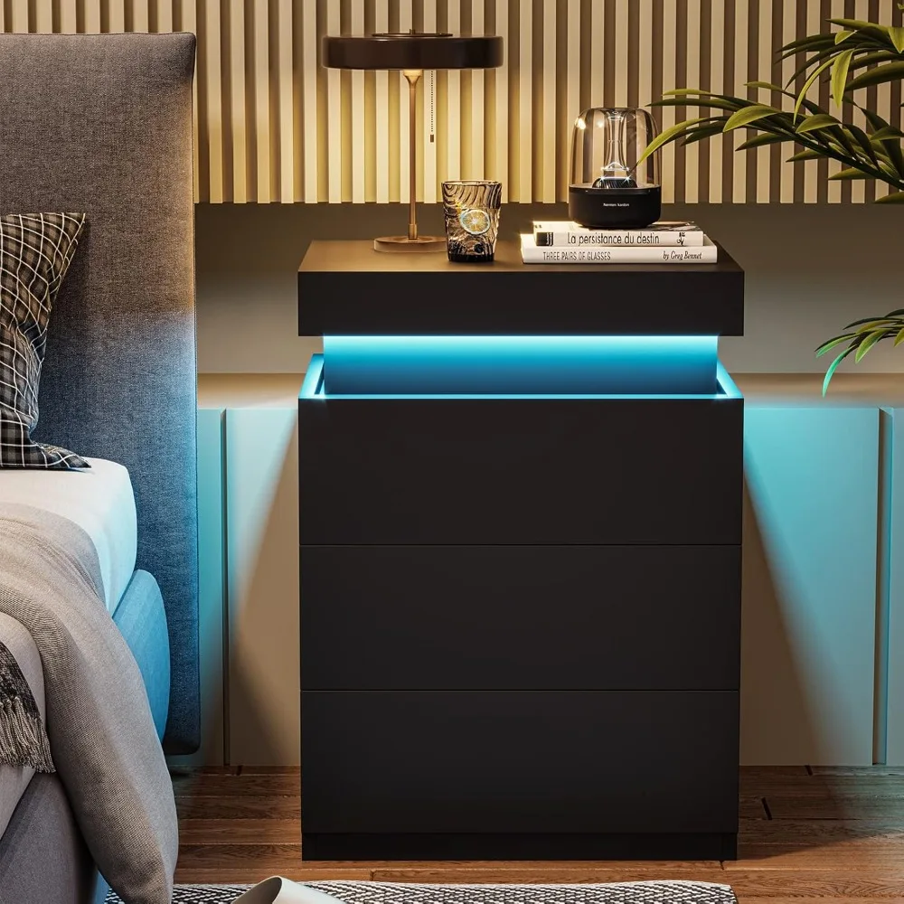 

Nightstand with Charging Station and LED Lights, Night Stand with Sliding Top, Modern End Side Table for Bedroom,Black