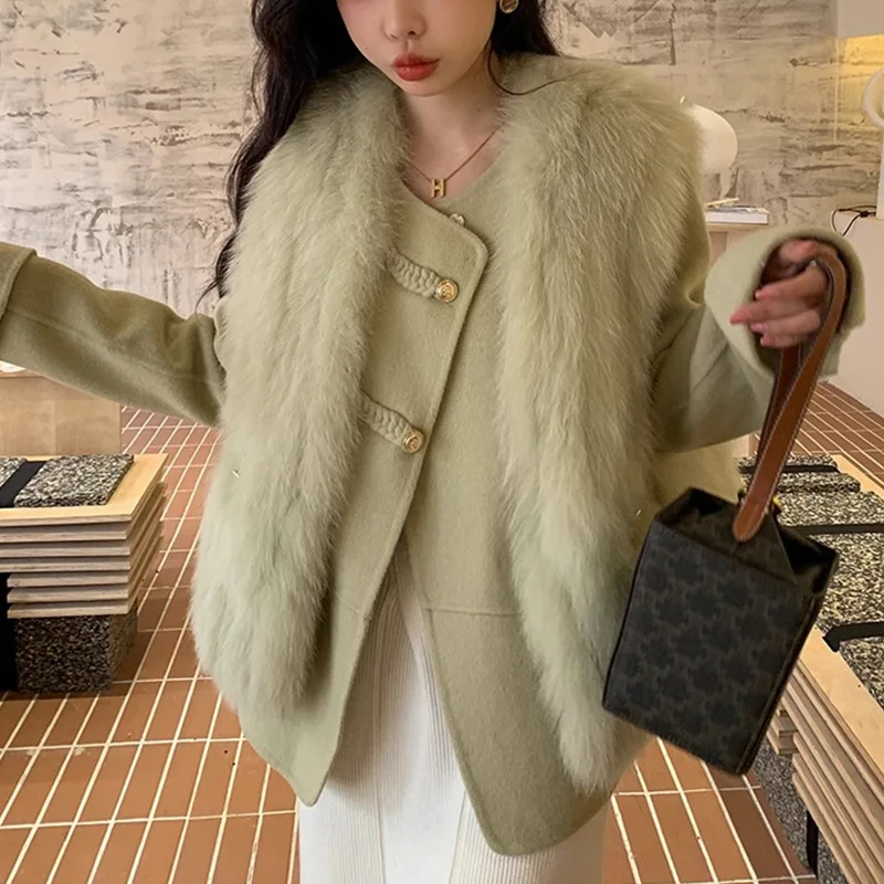 2024 Haining Fur  New Winter Car Strips Fox Fur Vest Two Piece Set Young Wool Coat Women