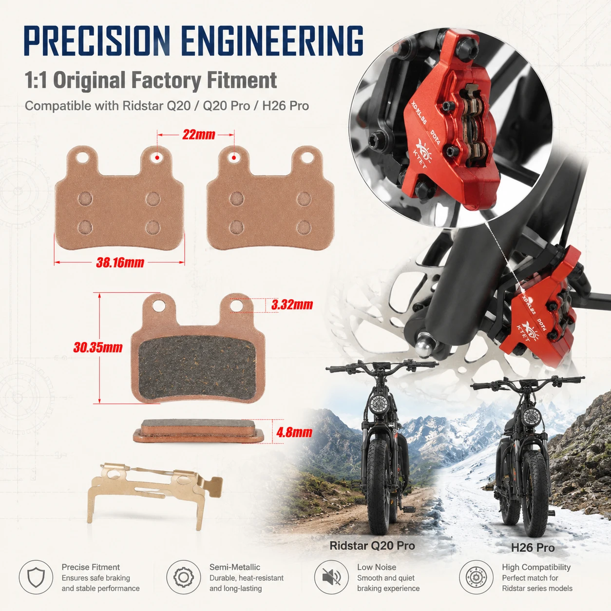 Ridstar Q20 Brake Pads Semi-Metallic for Q20 Pro H26 Pro YVY K20 K20 Pro C20 Max KTET XD-KL.BS