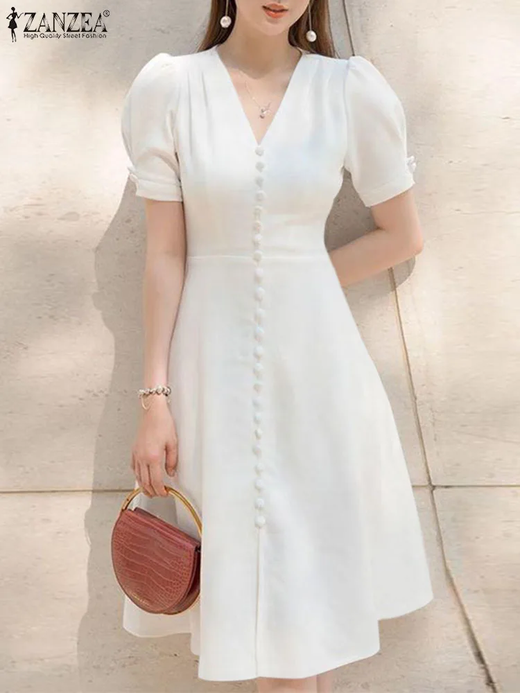 Elegant Women OL Work Dress ZANZEA Summer Sundress Female V Neck Short Sleeve Dresses Fashion Solid A Line Vestido Robe Sarafans