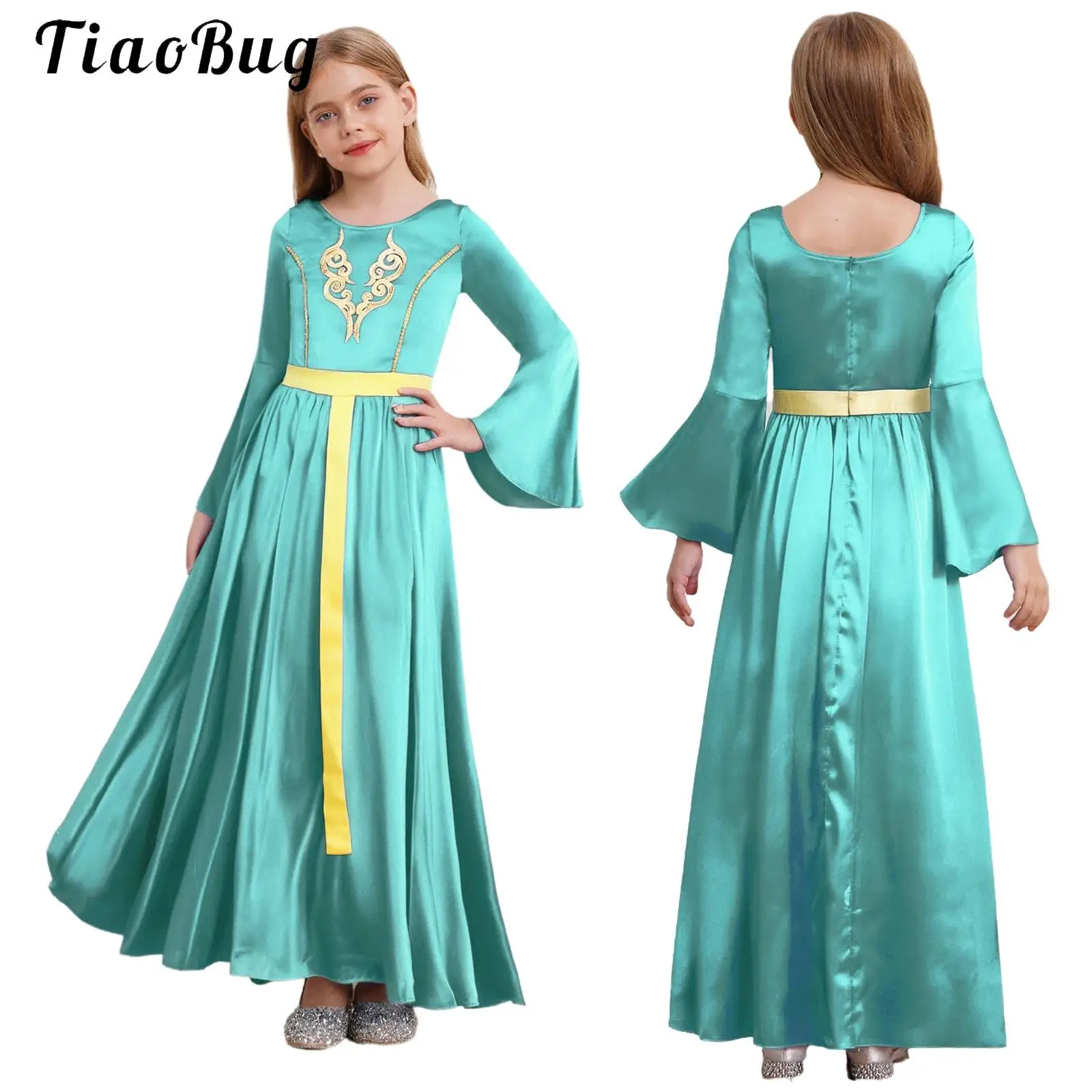 

Medieval Princess Girls Costume Kids Satin Shiny Flare Long Sleeve Renaissance Long Dress Halloween Theme Party Ball Gown