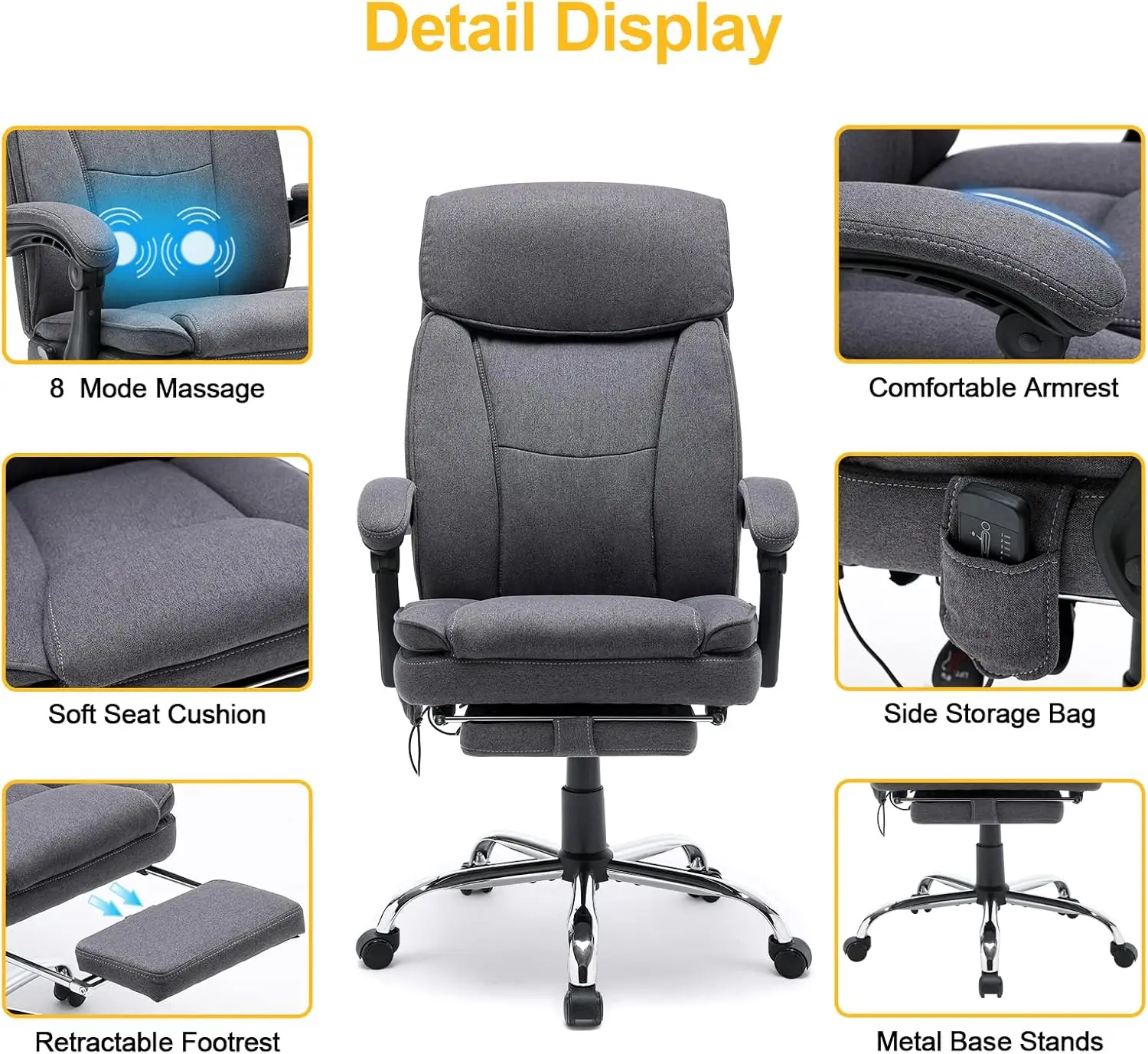 Silla de oficina reclinable con masaje, silla de oficina ergonómica con reposapiés, silla de computadora ejecutiva de tela transpirable con retráctil