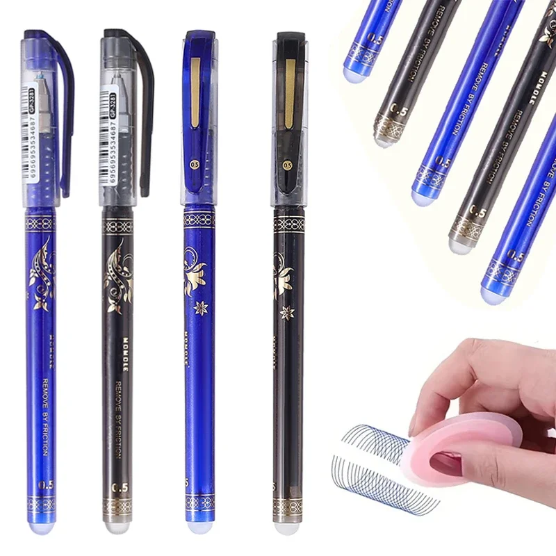 Blue Black 0.5mm Erasable Gel Pen with Eraser Refills Magic Ink Washable Handle Rods School Office Writing Drawing Supplies