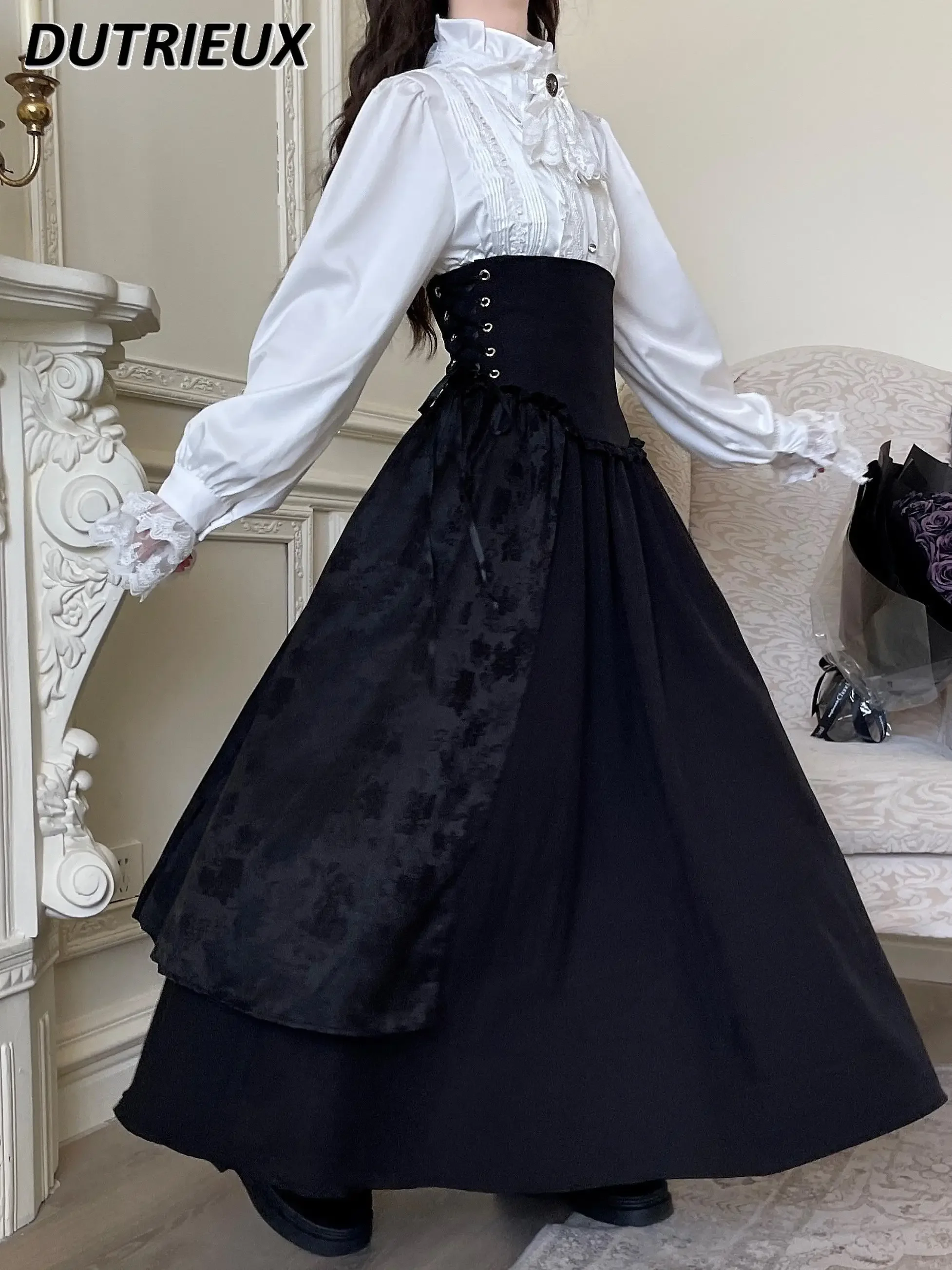 Gothic Lolita Sweet Lace-Up A-line Skirt Women's Autumn Winter Black High Waist Long Skirts and White Long Sleeve Shirt