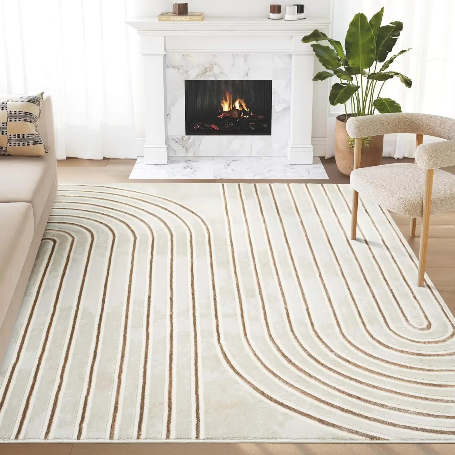 Glam Collection Area Rug - Beige/Cream Modern Abstract Design - 6' x 9' - for Living Room, Bedroom & Office