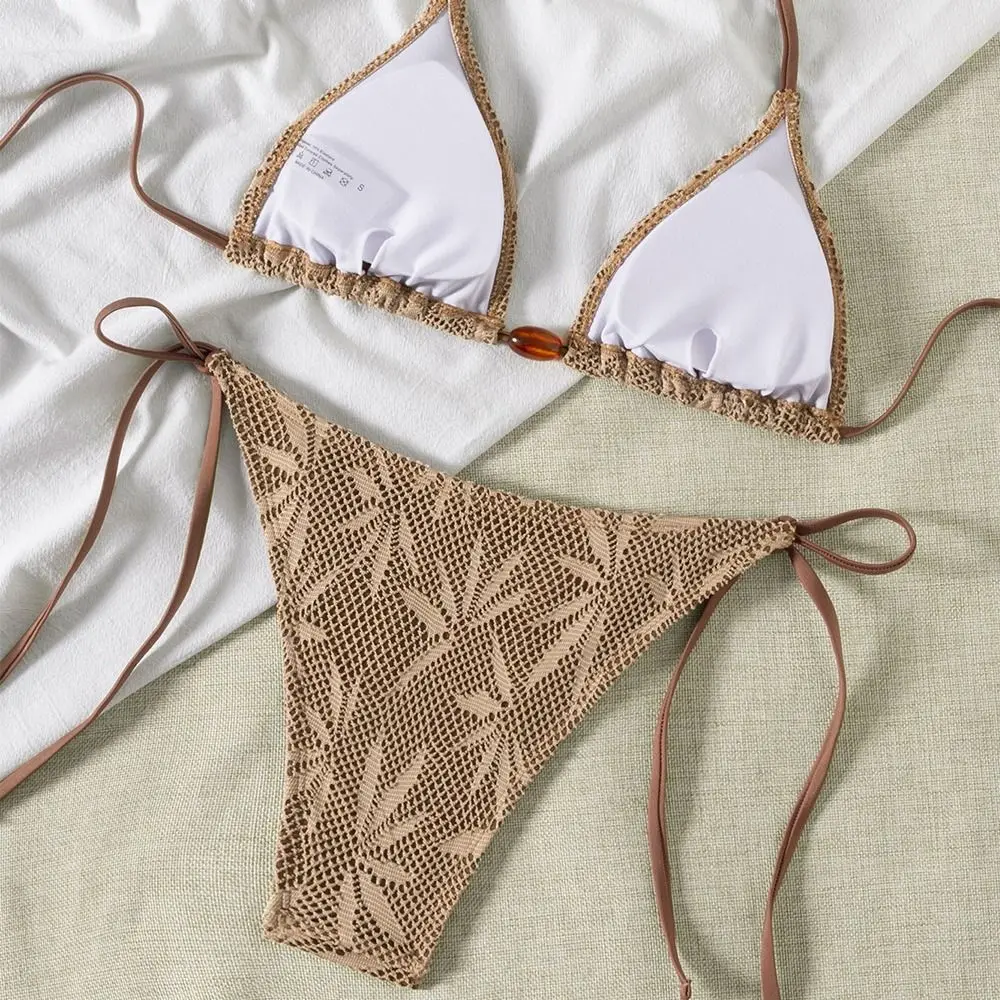 2Pcs/Set Fashion Summer Bikini Set Casual Beaded Backless Swimsuit Beachwear Bathing Suit Beach Bikini Beach
