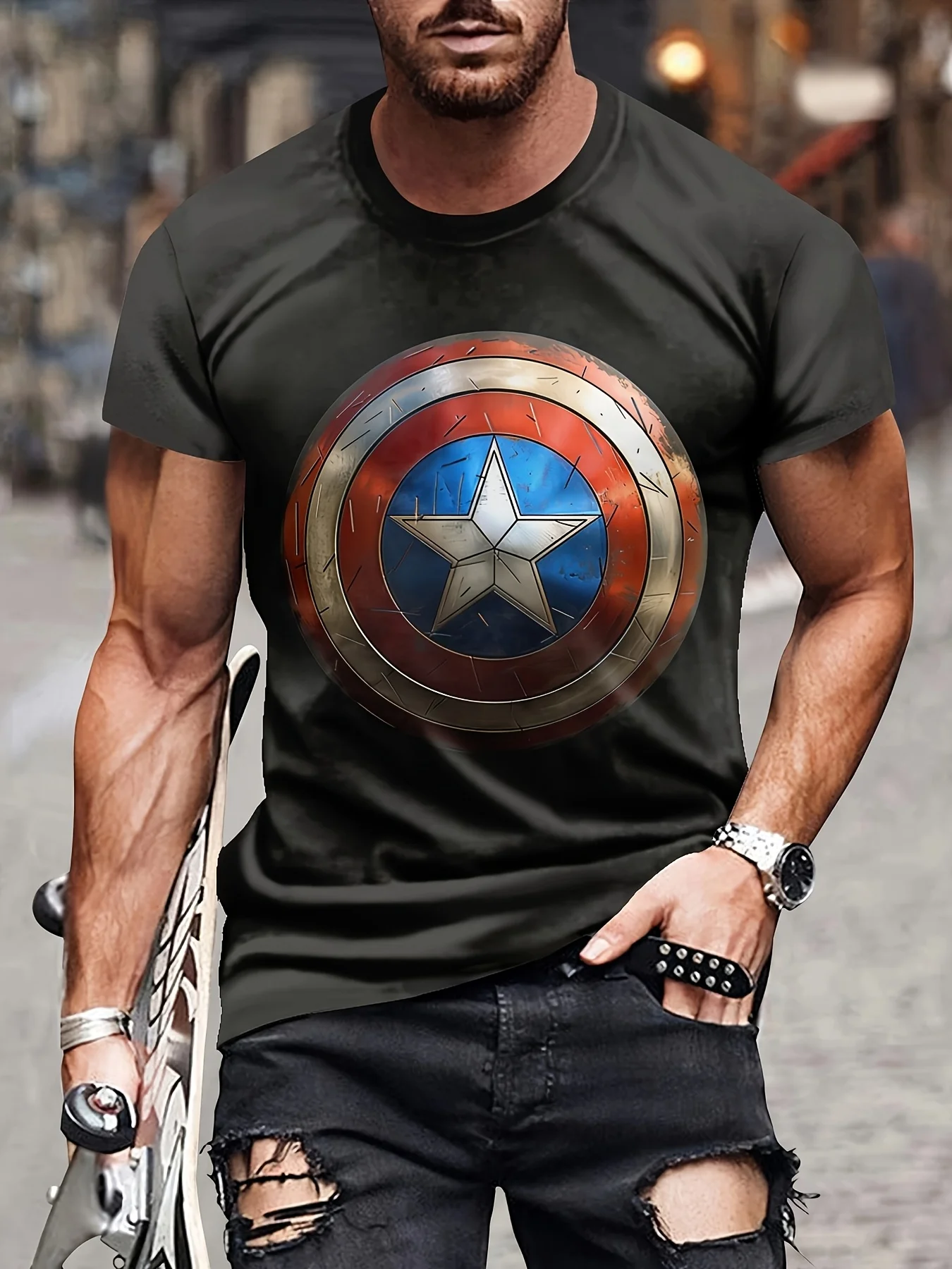 تي شيرت Marvel Men قصير الأكمام للبطل الخارق تي شيرت كابتن أمريكا المنتقم