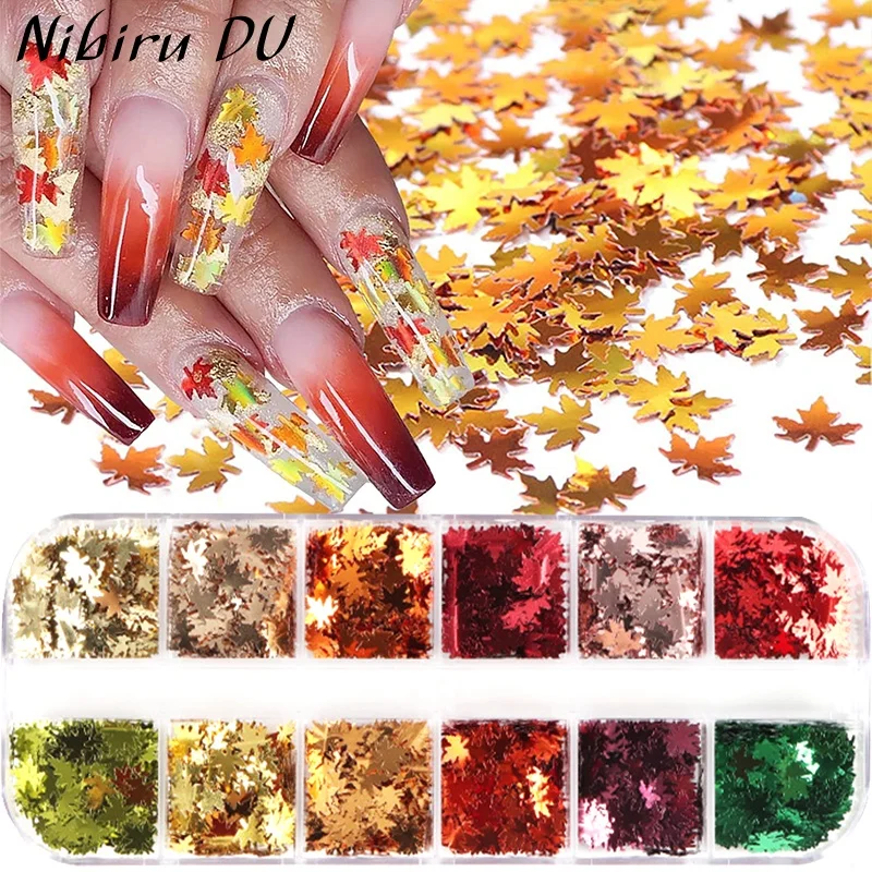 

12 Colors Fall Leaf Glitter Nail Sequins 3D Autumn Maple Leaf Holographic Nail Art Flakes Glitter Manicure DIY Christmas Decor
