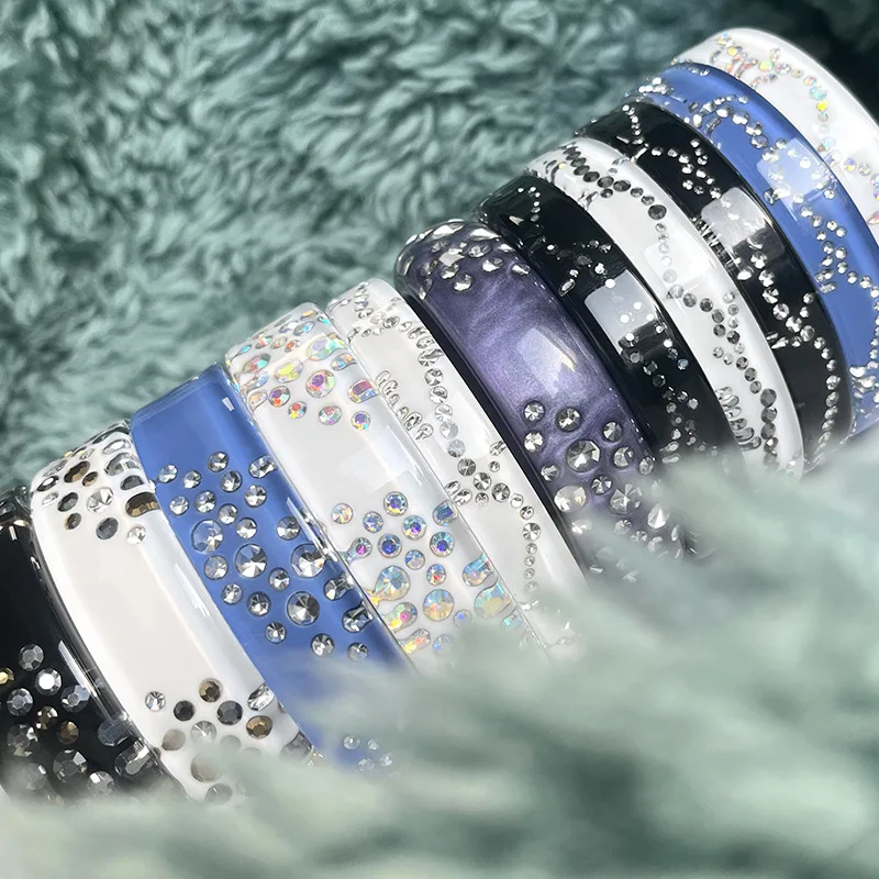 

2025 Spring Fashion Statement Handmade Transparent Rhinestone Glued Wide Resin Bangle Light Luxury Gorgeous Bracelet for Women