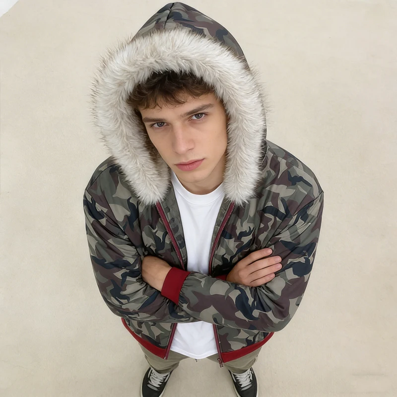 26 new autumn and winter camouflage fur collar hooded sweatshirt zipper fashionable casual top men's and women's outerwear